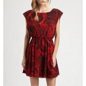 Alice + Olivia Corwin Rose Print Silk Dress XS Red Black Cap Sleeve Blouson Wais